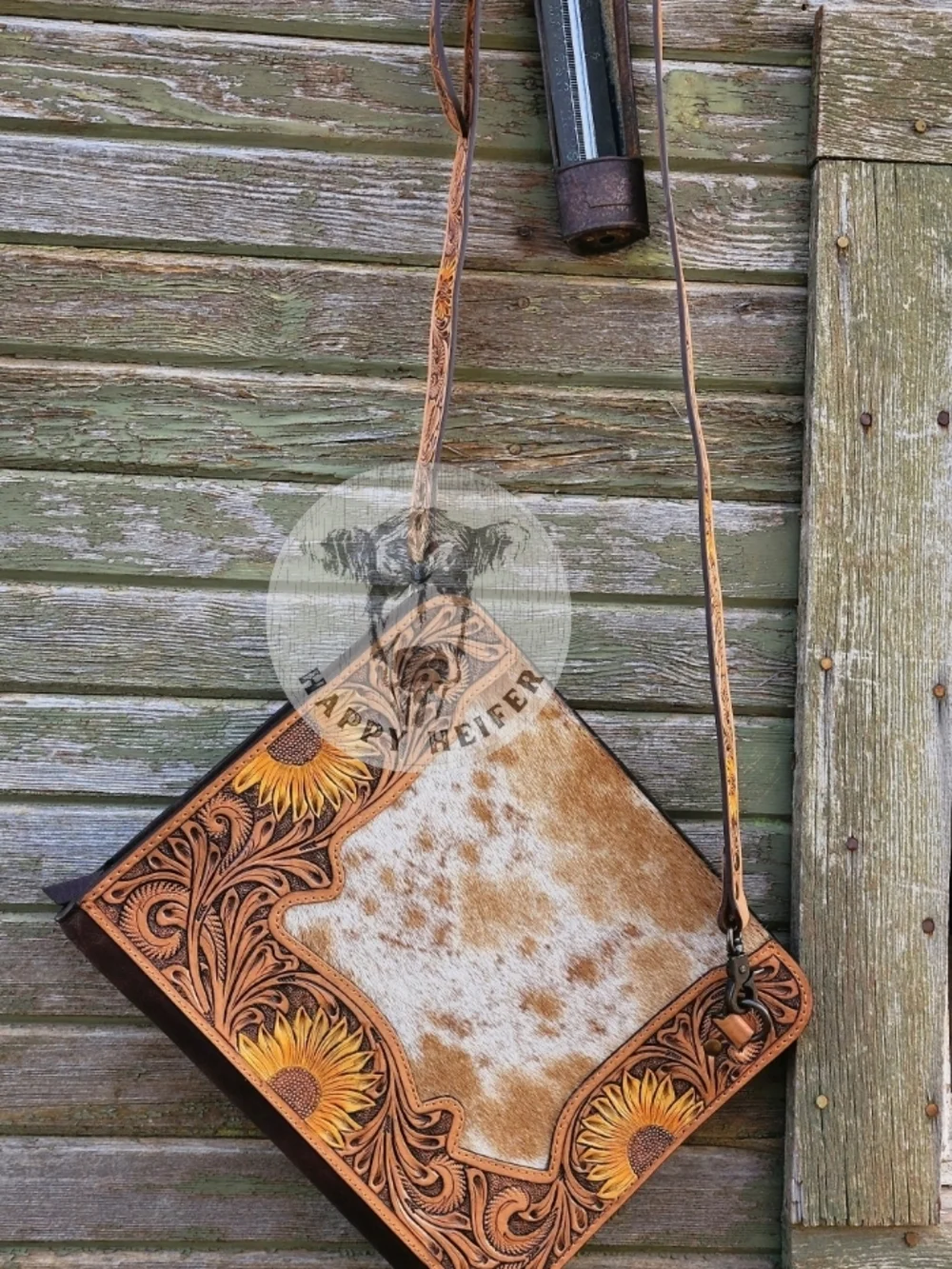 Handcrafted Leather Sunflower And Cowhide Three Ring Binder Crossbody